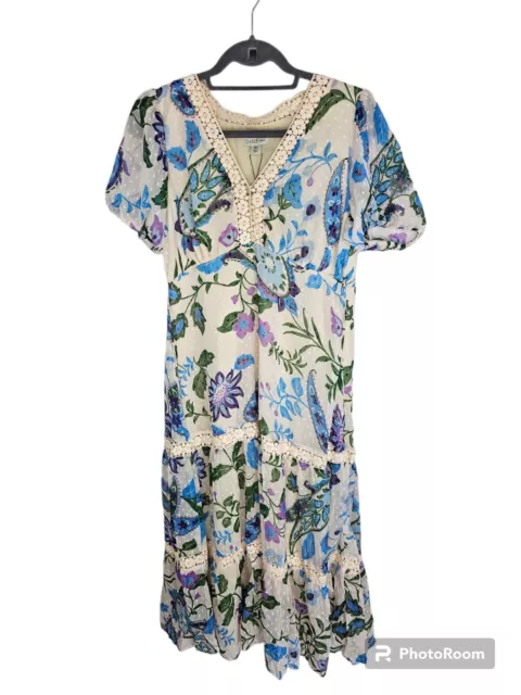 Oasis Petite Lace Trim Dobby Chiffon Floral Print Midi Dress Ivory Size 14