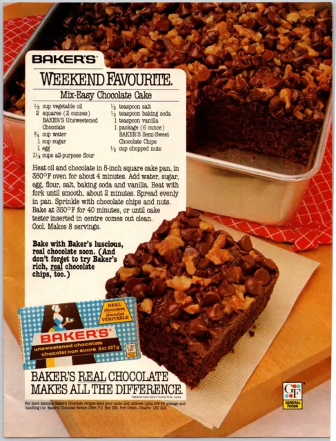 PRINT AD 1980 Bakers Unsweetened Chocolate Mix-Easy Cake Recipe 8" x 11"
