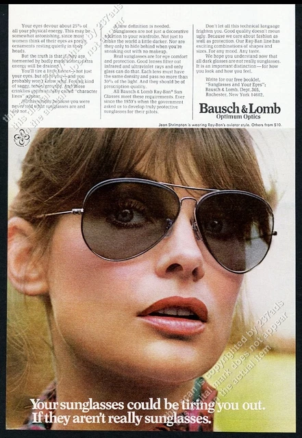 1973 Jean Shrimpton photo Ray Ban Aviator sunglasses vintage print ad
