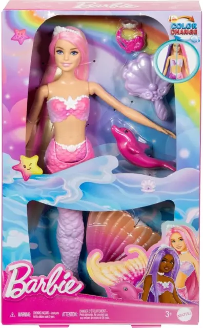 Barbie Mermaid Doll, “Malibu” with Pink Hair, Styling Accessories, Pet Dolphin a