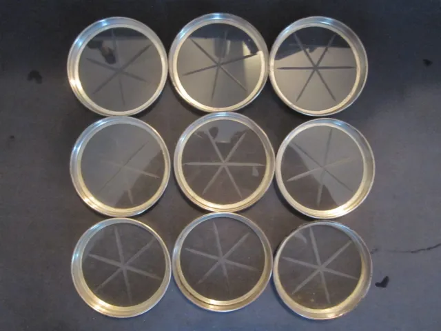 9x Sterling Silver rim cut glass drink coasters 3" diam Frank M Whiting & Co