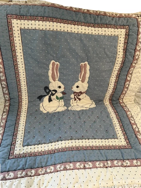 Vintage Daisy Kingdom Bunny Rabbits Nursery Bedding Crib Set 9 Pieces Blue White
