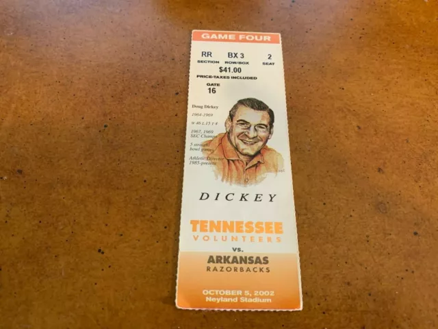 2002 Tennessee Vols v Arkansas Razorbacks Football Ticket 6 OT Longest Game