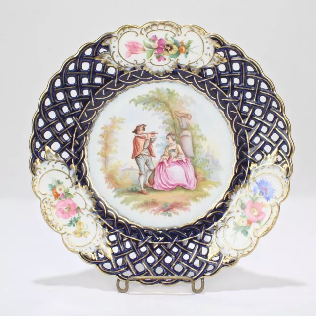 Antique Meissen Carl Teichert Reticulated Cobalt Blue Cabinet Plate - figures PC