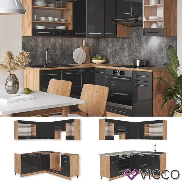 Vicco Cuisine en angle Fame-Line, Blanc brillant/Chêne doré, 347x46cm sans PT | Leroy Merlin