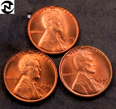 1947+1947-D+1947-S Lincoln Wheat Penny Cent Set-Lot ~ Gem BU (red) ~ 3 Coins