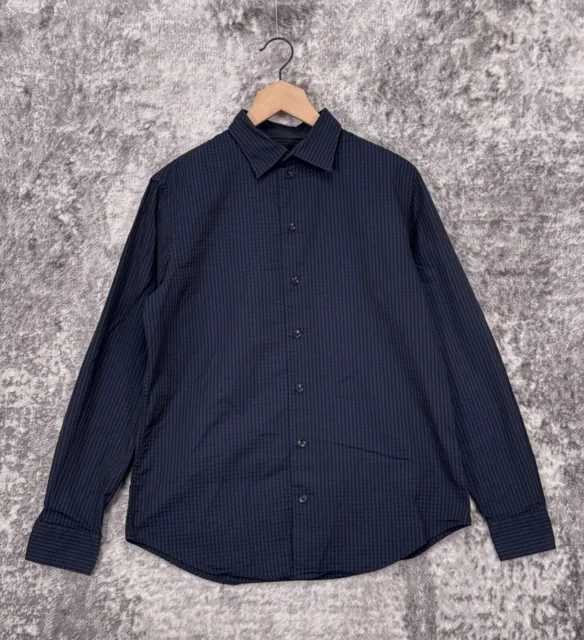 Armani Collezioni Shirt Medium Mens Midnight Blue Woven Check Plaid Long Sleeve