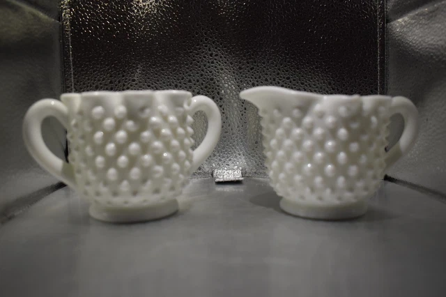 Fenton Crimped Edge Hobnail Milk Glass Cream & Sugar Set with Original Stickers