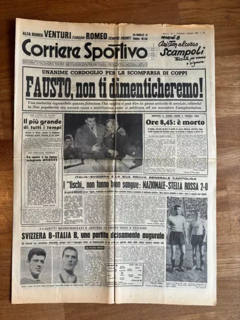 Corriere Sportivo 3/01/1960,Morte Di Fausto Coppi Ciclismo Sport Cycling
