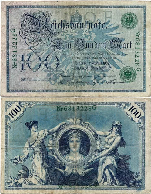 Banknote Reichsbanknote 100 Mark 1908 Berlin Reichsbank DEU-67 Ro.34 P-34