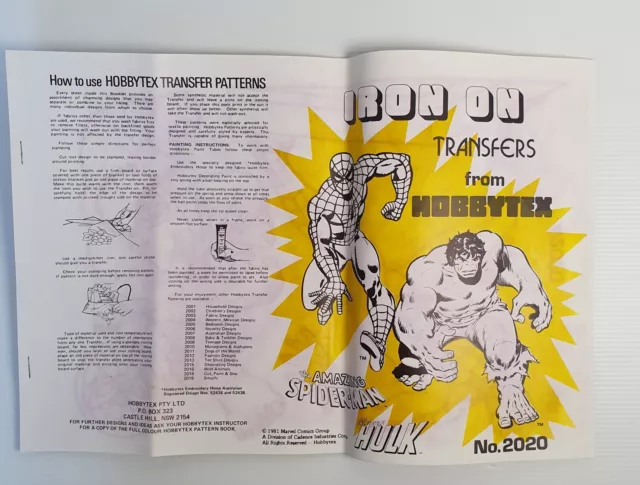 Hobbytex Iron On Transfers Pattern Book #2020 Spiderman Hulk 10 Pages Vintage 2