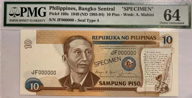 Foreign Banknote - PMG PHILIPPINES 1949 Specimen 10 Piso  - Choice UnC