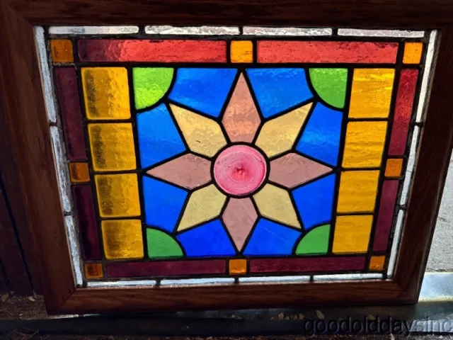 Small Colorful Antique Stained Leaded Glass Window Circa 1900 19" x 15"