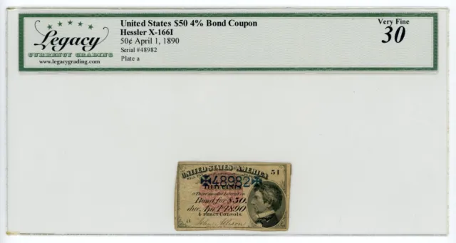 1890 United States $50 4% Bond Coupon - Legacy VF 30