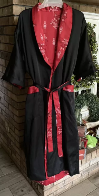 Men's Robe Kimono Reversible Embroidered Dragon Asian Japanese Black & Red Lg