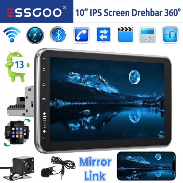 Autoradio 10" 1 DIN Android 13 GPS RDS WIFI USB Ruotabile IPS Schermo Mic Camera