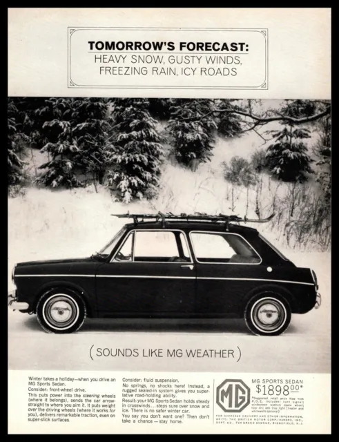 1964 MG 2-Door Sports Sedan With Snow Ski Rack "Sounds Like MG Weather" Print Ad