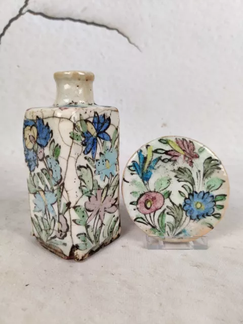 Antikes Steingut Gefäß Vase Iznik Qajar Dynastie Persien Blumendekor 19 Jhd (1)