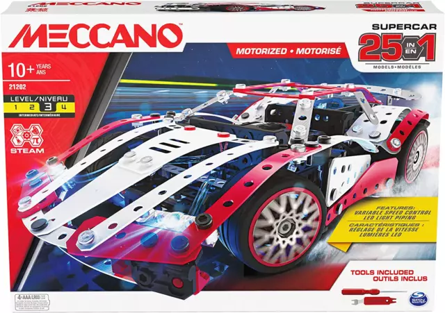 Meccano 25-in-1 Motorized Supercar STEM Model Building Kit with 347 Parts, Real