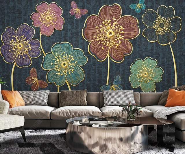 3D GOLDEN FLORAL Butterfly Wallpaper Wall Mural Removable Selfadhesive