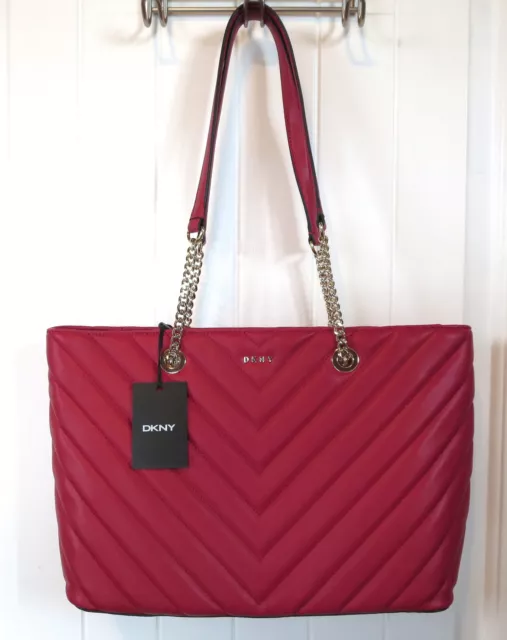 $168 DKNY Veronica Tote Bag Red Quilted Chevron NEW Chain Shoulder Purse Top Zip