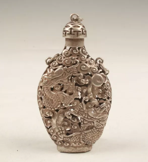 Ancient Tibetan silver hand-carved dragon snuff bottle pendant gift