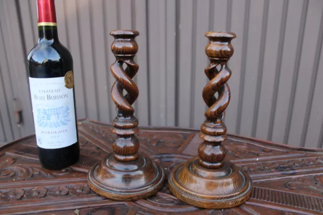 PAIR wood barley twist candle holder candlesticks