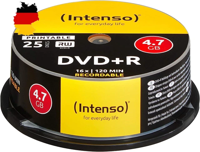 Intenso DVD+R 4,7 GB 16x DVD-Rohlinge bedruckbar kratzfest 25er. Spindel.