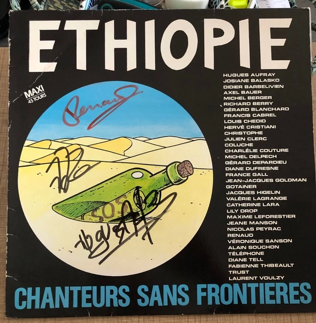 autographe dedicace renaud 33T lp éthiopie et jean jacques goldman hugues aufray