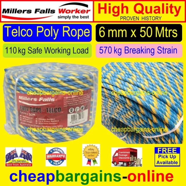 6mm x 50Mt ROPE TELCO ROPE POLY ROPE TELSTRA ROPE GUY ROPE TIE DOWN TRAILER ROPE