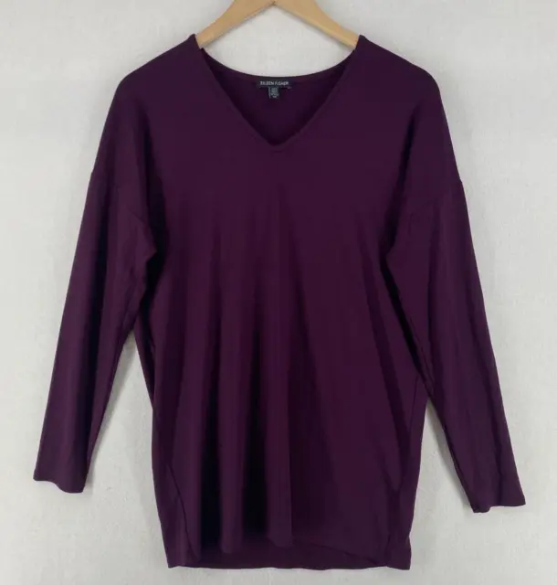 EILEEN FISHER Top S Viscose Stretch Jersey Tunic V-Neck Long Sleeve Purple USA