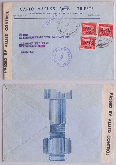 ITALY Trieste to AUSTRIA 1945 Censored AMG VG Screw Co Picture Advertising Cover