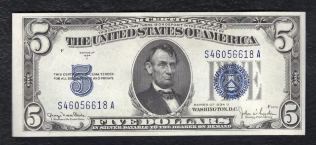 1934-D $5 Five Dollars Silver Certificate Currency Note Gem Uncirculated (E)