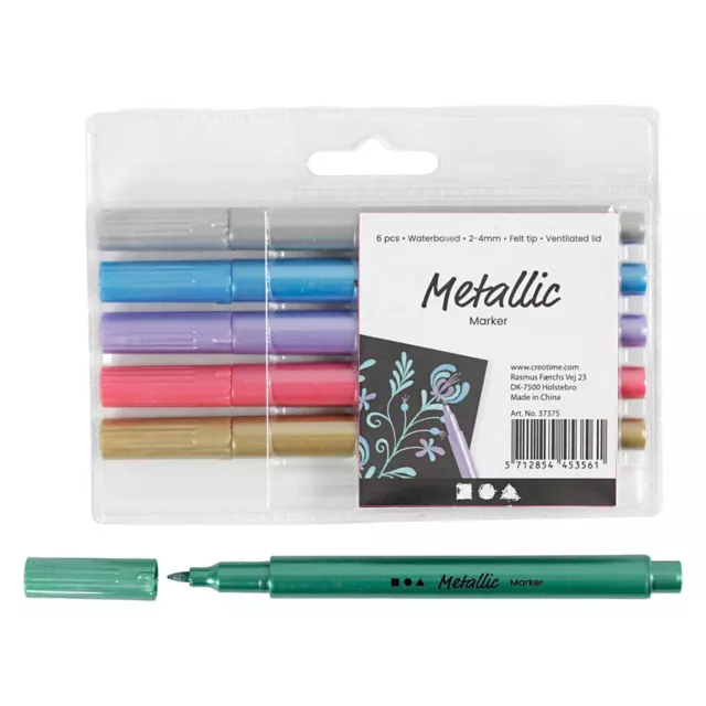 Creotime Waterbased Metallic Coloured Marker Felt Tip Pens 2-4mm - Pack of 6