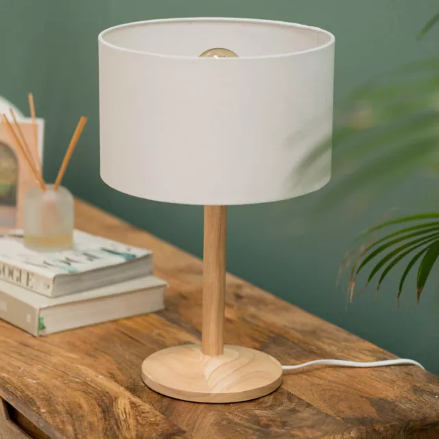 Natural Wood Table Lamp Fabric Drum Lampshade Living Room Bedroom Light LED Bulb