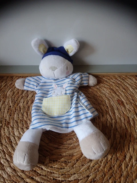 Doudou plat lapin marionnette blanc rayé bleu poche jaune Sergent Major