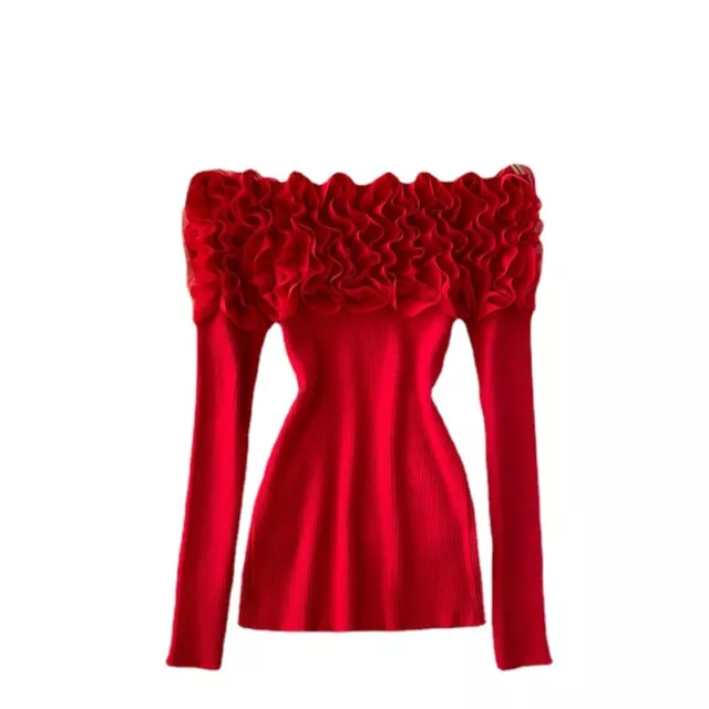 Ladies Off Shoulder Knitted Top Floral Ruffle Pleated Long Sleeve Ribbed Slim