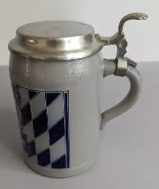 Vintage Beer Stein Rein Zinn Pewter Lid Cobalt Blue Salt Glaze Lion Stoneware