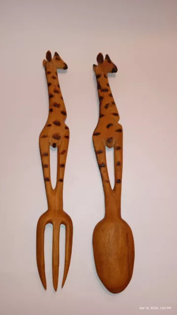 Two Giraffe Hand Carved Wooden Salad Tongs Fork And Spoon