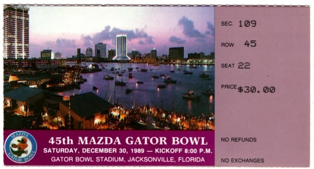 1989 GATOR BOWL ticket stub CLEMSON TIGERS vs West Virginia Mountaineers 12/30
