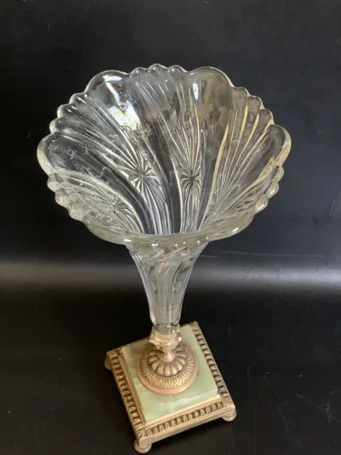 Antike Vase Empire Stil Kristallglas auf Marmorsockel Onyx & Bronze 19Jhd RAR