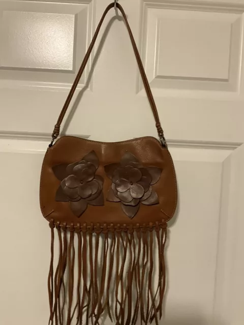 Fringed Leather Purse Bag by Enzo Angiolini with Flowers Brown Hippie Boho