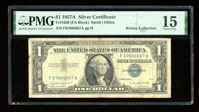 DBR $1 1957-A Silver Fr. 1620 FA Block PMG 15 Binary Serial F67666667A