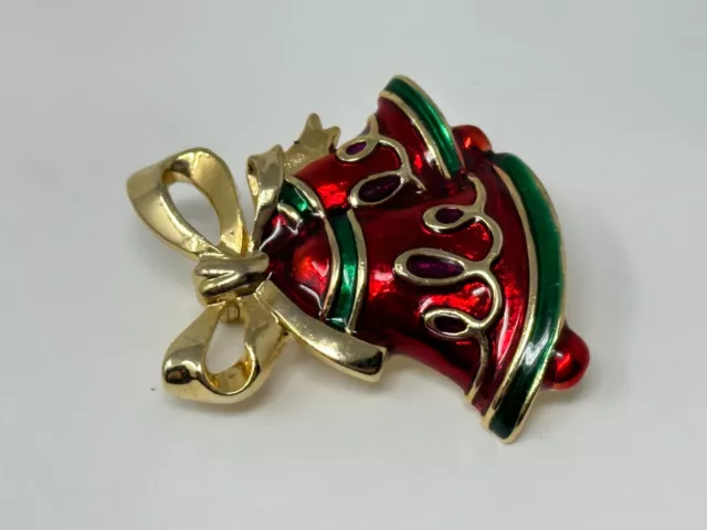 Vintage Goldtone Green Red Enamel Christmas BELLS Brooch Pin 2