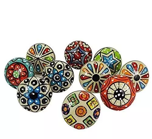 DORPMARKET 10 Pieces Set Dotted Ceramic Cabinet Colorful Knobs Furniture Hand...