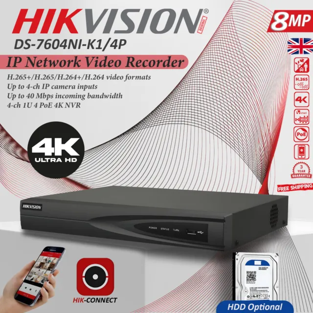Hikvision DS-7604NI-K1/4P 8MP 4-ch 1U 4 PoE 4K IP NVR CCTV Video recorder + HDD
