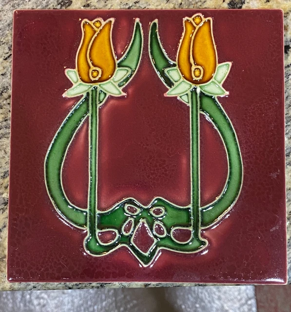 Antique Ceramic Square Tile W/ Multi-Colored Art Nouveau Tube Lined Deco Look!!