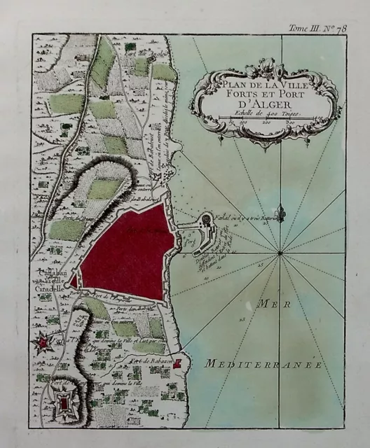 ALGIERS, NORTH AFRICA, ALGERIA, original antique map, Bellin, c.1764