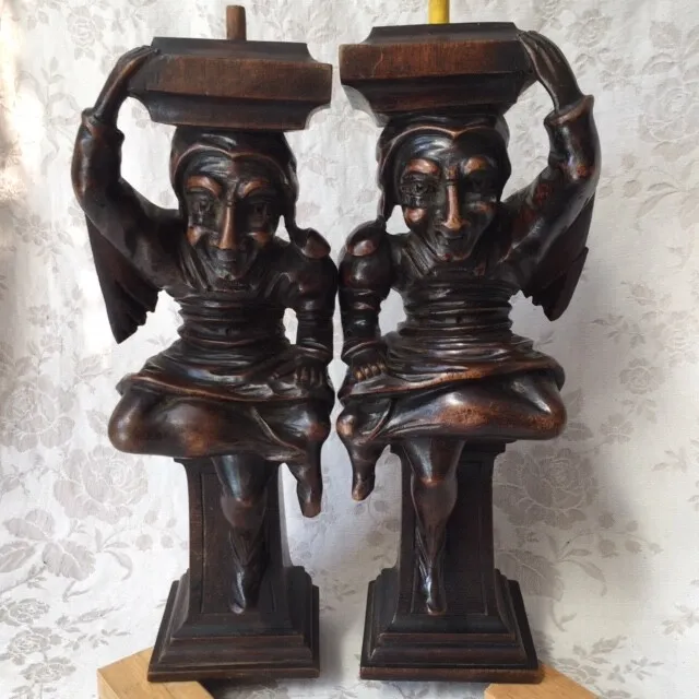 2 French 19th CARVED Oak CORBELS MEDIEVAL Gothic CHARACTERS Black Forest Console