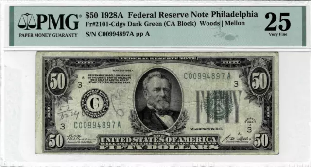 1928A $50 Federal Reserve note-fr. 2101-Cdgs (Philly) PMG VF25--Gold on Demand!